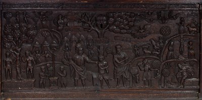 Lot 77 - An oak chest dated 1568, the hinged cover with...