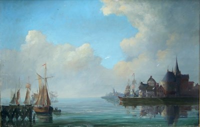 Lot 398 - R S/Dutch Shipping Harbour/oil on board, 21cm...