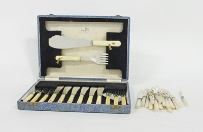 Lot 450 - Six pairs of plated fish knives and forks, ten...