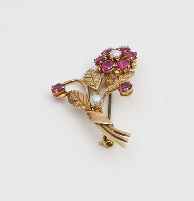 Lot 561 - A 9ct gold, synthetic ruby and half pearl...