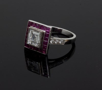 Lot 617 - A square shaped single stone diamond and ruby...