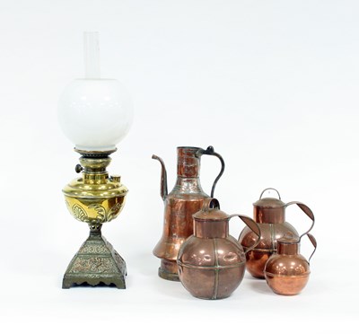 Lot 695 - A brass oil lamp with chimney and shade, a...