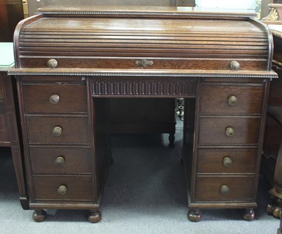 Lot 86 - An oak roll top desk, circa 1900, the fitted...