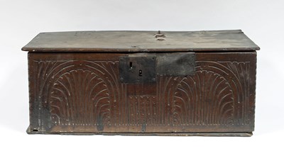 Lot 110 - A 17th Century oak bible box with carved front,...