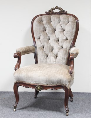 Lot 155 - A Victorian carved walnut framed open armchair...