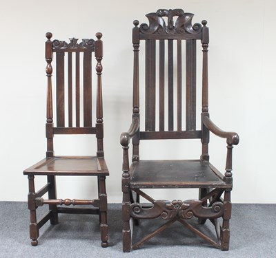 Lot 173 - A late 17th Century oak armchair the cresting...