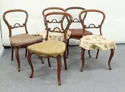 Lot 199 - Five rosewood single chairs, the oval backs...