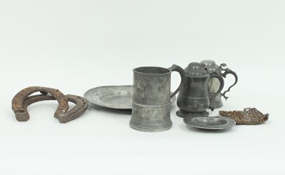 Lot 374 - Two pewter lidded tankards, a pewter quart mug,...