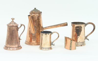 Lot 375 - A copper mug with turned wood base, a small...