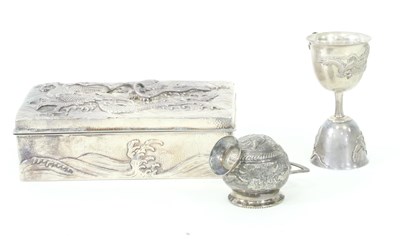 Lot 1001 - A Chinese white metal box decorated a dragon...