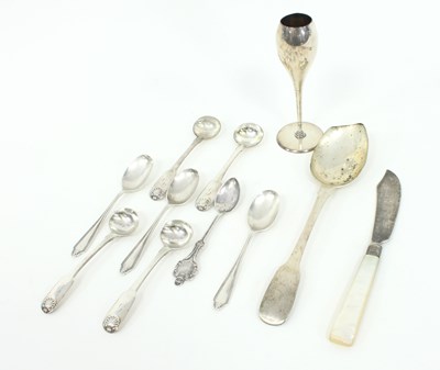 Lot 1082 - Four silver fiddle and shell pattern condiment...