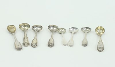 Lot 1096 - Seven silver salt spoons, various makers,...