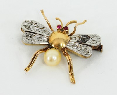 Lot 1194 - A Victorian diamond, ruby and pearl fly brooch...