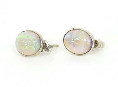 Lot 1199 - A pair of oval opal earrings in a box