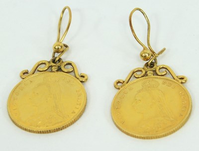 Lot 1251 - A pair of half-sovereign ear pendants, each...