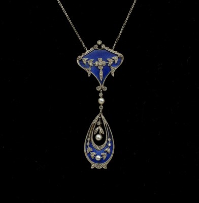 Lot 1289 - A Faberge style diamond, pearl and blue enamel...