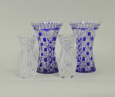 Lot 337 - A pair of blue tinted cut glass vases, 27cm...