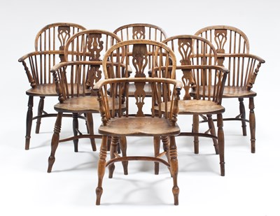 Lot 712 - A set of six yew wood and elm Windsor type...