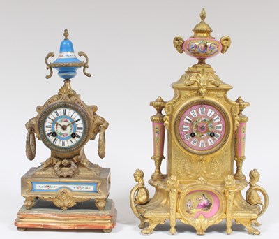 Lot 846 - Two French garniture clocks with porcelain...