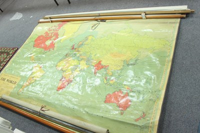 Lot 877 - Two roller world maps, circa 1920, and three...