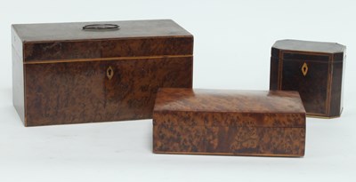 Lot 908 - A burr wood box with hinged lid, 23cm wide, a...