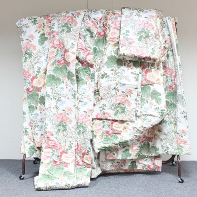 Lot 19 - Four pairs of curtains, floral glazed cotton,...