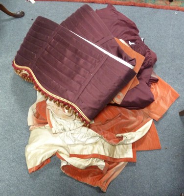 Lot 20 - A pair of burgundy faux silk slub curtains,...