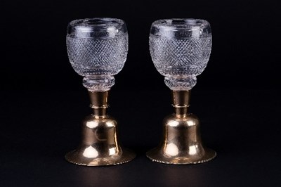 Lot 50 - A pair of ship's mortuary lamps, the cut glass...