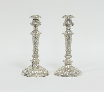 Lot 291 - A pair of George IV silver candlesticks, MF &...