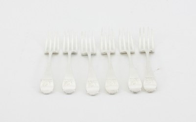 Lot 313 - Six George III silver table forks, Peter, Ann...