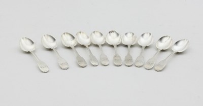 Lot 320 - Ten fiddle pattern silver teaspoons, Exeter...