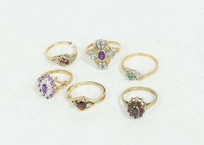 Lot 395 - Seven 20th Century gem set dress rings, mostly...