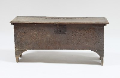 Lot 607 - A 17th Century oak six-plank coffer, the front...