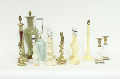 Lot 629 - A selection of table lamp bases, alabaster,...