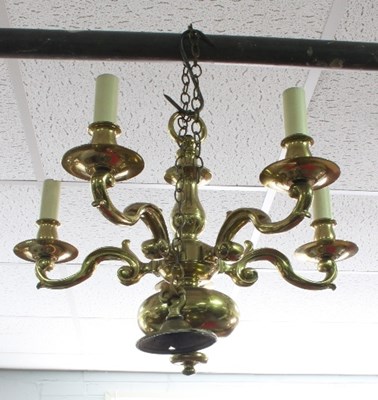 Lot 635 - A brass five-light chandelier, 53cm wide,...