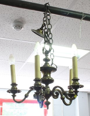 Lot 635 - A brass five-light chandelier, 53cm wide,...