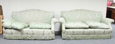 Lot 651 - A pair of green damask two-seater upholstered...