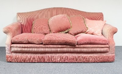 Lot 652 - A pink velvet three-seater upholstered sofa,...