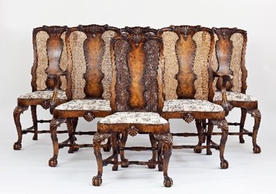 Lot 676 - A set of six George I style walnut dining...