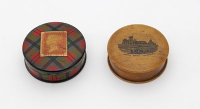 Lot 73 - A circular Mauchline ware tartan stamp box,...