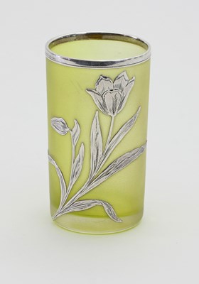 Lot 285 - A frosted green glass beaker, with silver rim...