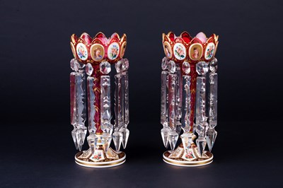 Lot 288 - A pair of Bohemian ruby glass lustres with...