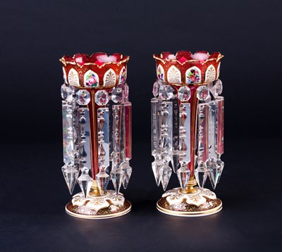 Lot 289 - A pair of Bohemian ruby glass lustres with...