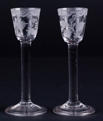 Lot 322 - A pair of 18th Century cordial glasses, the...