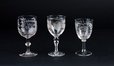 Lot 325 - A wine glass, the bowl etched ferns, on a...