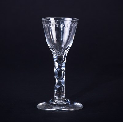 Lot 332 - A Georgian wine glass, the funnel shaped bowl...