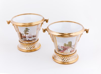 Lot 398 - A pair of French porcelain cache-pots, painted...