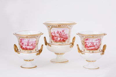 Lot 416 - A Derby garniture of three campana vases,...