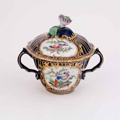 Lot 454 - A Worcester blue ground two-handled chocolate...