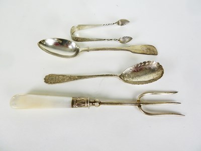 Lot 21 - Two silver teaspoons, a pair of silver sugar...